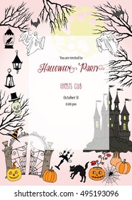 Halloween Party Invitation. Card with  hand drawn elements. decorations with  pumpkin, cat, ghost, hours, castle, moon and trees. Vector Illustration