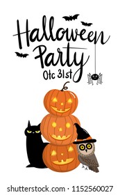 Halloween party invitation card for holidays. Pumpkin with black cat and owl wear witch hat cartoon character. Calligraphy hand written.