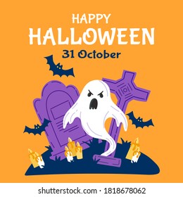 Halloween party invitation card for holidays. Pumpkin and bats, ghosts. Vector illustration