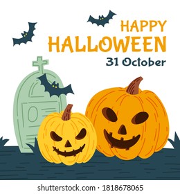 Halloween party invitation card for holidays. Pumpkin and bats, ghosts. Vector illustration