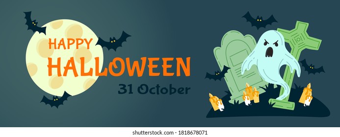Halloween party invitation card for holidays. Pumpkin and bats, ghosts. Vector illustration