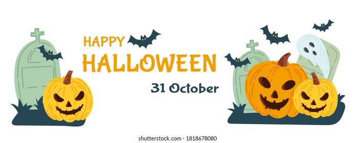 Halloween party invitation card for holidays. Pumpkin and bats, ghosts. Vector illustration