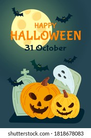 Halloween party invitation card for holidays. Pumpkin and bats, ghosts. Vector illustration