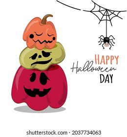 Halloween party invitation card for the holidays. Funny pumpkins, spider with cobwebs and other symbols.