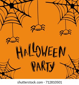 Halloween party invitation card lettering design. Vector holiday calligraphy with spider and web on orange background. Happy Halloween concept. For poster, banner, greeting card, invitation.