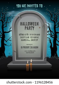 Halloween party invitation card with old gravestone at night with template text in cemetery.