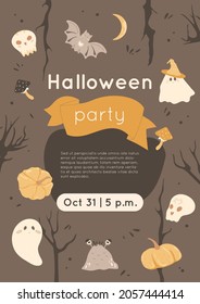Halloween party invitation card, poster with cute ghosts, pumpkins, bats, magic mushrooms in dark forest. Charming magical creatures with smiling face. Banner, print, placard concept with text
