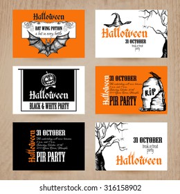 Halloween party invitation card set with holiday symbols hand drawn isolated vector illustration