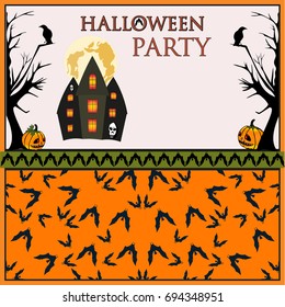 Halloween Party Invitation Card with Spooky House and Tree.