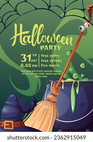 Halloween party invitation card template. Flyer, banner for All Saints' Day. Witch's cauldron, broom, hat, spider's web. Greeting card for the holiday.