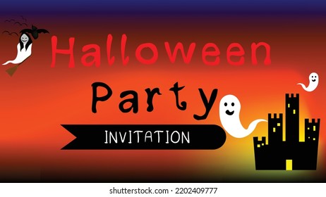 halloween party invitation card vampire castle bat women ghost white ghost gradient background blue orange black