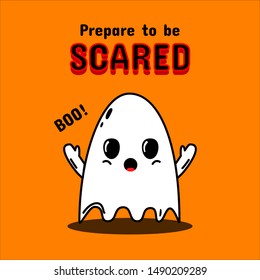 Halloween party invitation card. Vector illustration. Cute cartoon style little ghost with text. Design for invitation, poster, banner, flyer, decoration, children party. All Saints Day decoration. 