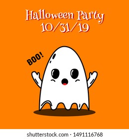 Halloween party invitation card. Vector illustration. Cute cartoon style little ghost with text. Design for invitation, poster, banner, flyer, decoration, children party. All Saints Day decoration