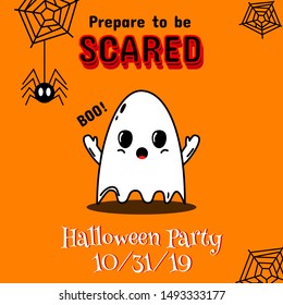 Halloween party invitation card. Vector illustration. Cute cartoon style little ghosts with spider hangin from web. Design for invitation, poster, banner, flyer, decoration, children party. 