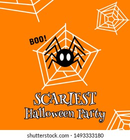 Halloween party invitation card. Vector illustration.Spider hanging from web saying boo!. Design for invitation, poster, banner, flyer, decoration, children party. All Saints Day decoration 