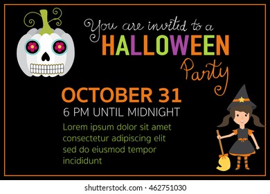 Halloween party invitation card witch girl character with hand lettering vector. illustration EPS10.