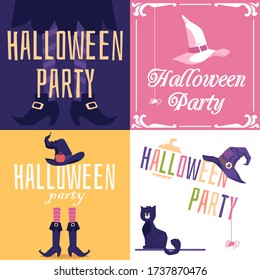 Halloween Party invitation cards set on color background with witch hat and legs, flat vector illustration. Holiday lettering posters or banners collection.