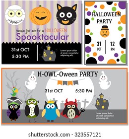 Halloween party invitation cards witch, zombie, black cat, owls character vector. illustration EPS10.