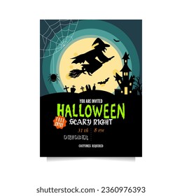 Halloween party invitation with a castle, bats, graves, a spider on the web and a witch on a broom in full moon. Vector template