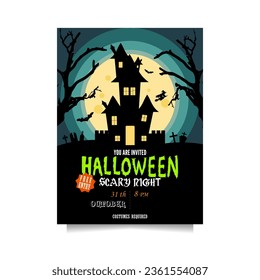 Halloween party invitation with a castle in the middle, bats, graves and a witch on a broom in full moon. Vector template