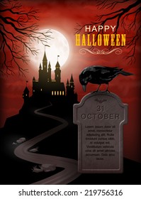 Halloween Party Invitation with castle silhouette on the hill against moonlight sky, Raven, gravestone