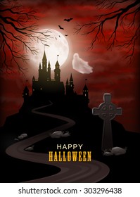 Halloween Party Invitation with castle silhouette on the hill against moonlight sky, flying Ghost, gravestone