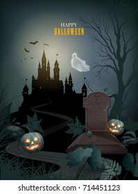Halloween Party Invitation with castle silhouette on the hill against moonlight sky, pumpkin, flying Ghost, gravestone