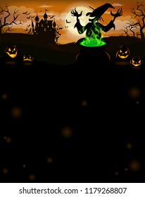 Halloween party invitation with castle, witch, scary pumpkins, and various silhouettes of flying bats