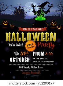 Halloween party invitation with castle, witch, scary pumpkins, and various silhouettes of flying bats
