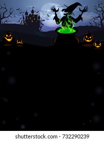 Halloween party invitation with castle, witch, scary pumpkins, and various silhouettes of flying bats