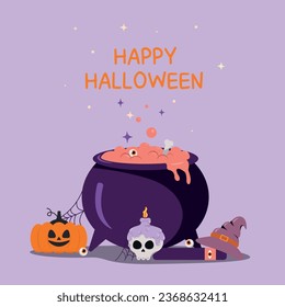 Halloween party invitation. Cauldron with brewing potion, pumpkin, skull banner design.
