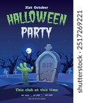 Halloween party invitation. Cemetery gravestones, zombie hand ground comes out, dead man rises from grave, creepy night, poster design, vertical banner or flyer, tidy vector cartoon concept