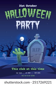 Halloween party invitation. Cemetery gravestones, zombie hand ground comes out, dead man rises from grave, creepy night, poster design, vertical banner or flyer, tidy vector cartoon concept