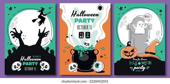 Halloween party invitation. Collection of posters and banners. International holiday of Fear and Horror, culture and traditions. Cartoon flat vector illustrations isolated on green background