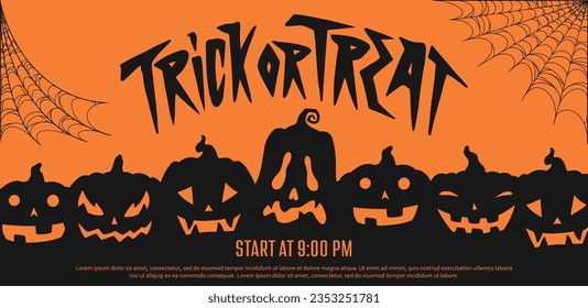 Halloween party invitation colorful flyer with scary faces on pumpkins and cobwebs near inscription trick or treat vector illustration