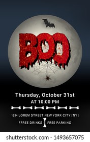 Halloween party invitation, creative vector illustration. Hand drawn word boo made of dripping blood, moon, spider hanging on web and text, cartoon graphic design elements, Halloween flyers, banners.