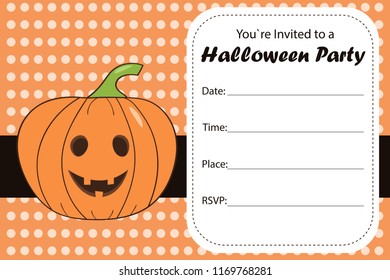 Halloween party invitation. Cute cartoon pumpkin. Hand drawn vector illustration.