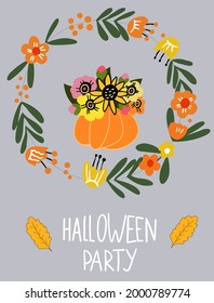 halloween, party, invitation; cute pumpkin with flowers; flowering; Thanksgiving Day; fall; autumn palette