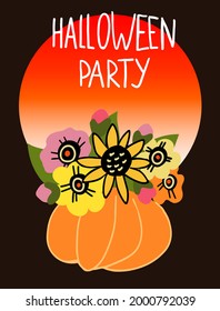 halloween, party, invitation; cute pumpkin with flowers; flowering; Thanksgiving Day; fall; autumn palette; black
