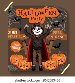 Halloween. Party invitation. Day of the Saints. The day of the Dead. Grave and cemetery. Stock Vector illustration. Poster. Agitation. Costumes. Masquerade. Guy. Ghost. Fear. Trick or treat. Pumpkin.
