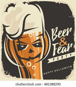 Conceito de design de convite de festa de Halloween. Modelo de cartaz vetorial com cabeça de abóbora e copo de cerveja.