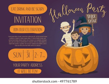 Halloween party invitation design with funny kids in carnival costumes mummy, vampire and witch sitting in pumpkin with sign - Trick or Treat. 