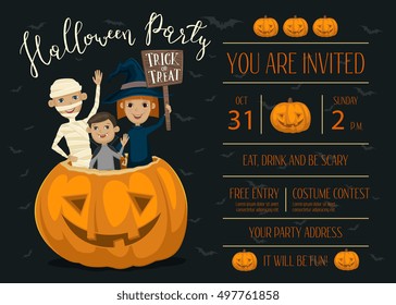 Halloween party invitation design with funny kids in carnival costumes mummy, vampire and witch sitting in pumpkin with sign - Trick or Treat. 