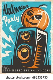 Halloween party invitation design. Retro poster with Halloween pumpkin and sound speaker. 