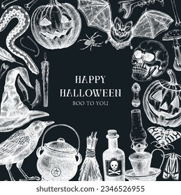 Halloween party invitation design template. Halloween pumpkins, sculls, poisonous mushrooms, bat, raven, snake sketches. Chalkboard background. Hand drawn vector illustration. Banner, card, frame