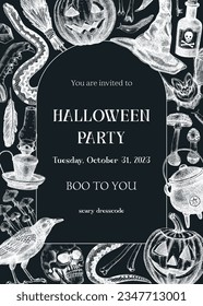 Halloween party invitation design template. Halloween pumpkins, sculls, poisonous mushrooms, bat, raven, snake sketches. Chalkboard background. Hand drawn vector illustration. Banner, card, frame