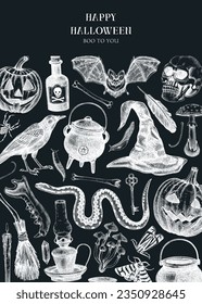 Halloween party invitation design template. Halloween pumpkins, sculls, poisonous mushrooms, bat, raven, snake sketches. Chalkboard background. Hand drawn vector illustration. Banner, card, flyer