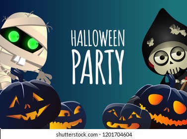 Halloween party invitation design. Zombie characters and spooky pumpkins on blue background. Template can be used for flyers, posters, announcement