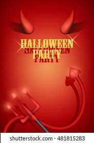 Halloween Party Invitation with devil horns, tail and fork. Vector Illustration.