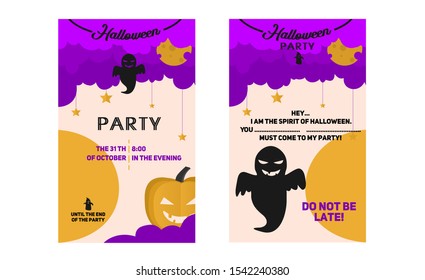 Halloween party invitation. Double-sided flyer. Evil ghost in purple clouds, full moon, pumpkin. Design template to fill in the name of the invitee. Flat style. Vector graphics.